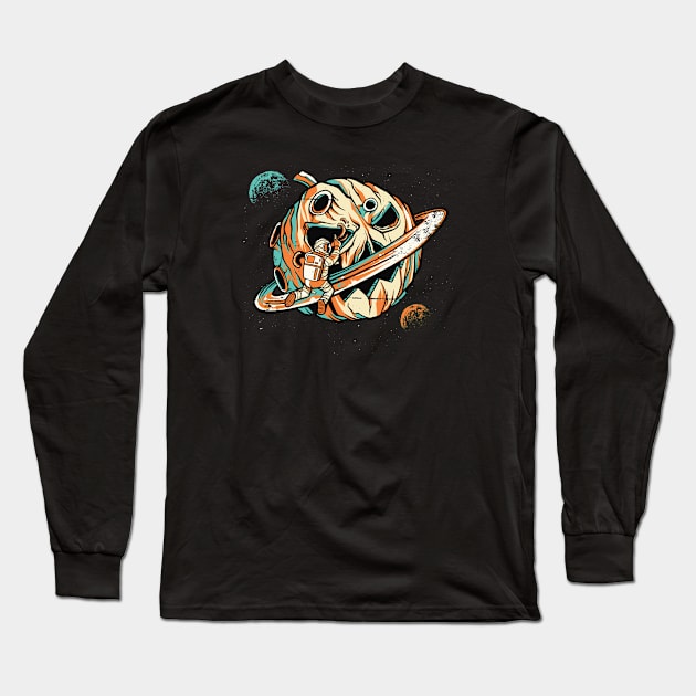 Astronaut Carving a Jack o Lantern in Outer Space Long Sleeve T-Shirt by SLAG_Creative